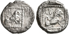 SAMARIA. 'Middle Levantine' Series. Circa 375-333 BC. Obol (Silver, 9 mm, 0.70 g, 11 h). Lion seated to right, raising left paw; to left, &#67668;&#67...