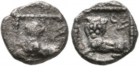 SAMARIA. 'Middle Levantine' Series. Circa 375-333 BC. Obol (Silver, 9 mm, 0.68 g, 2 h). Recumbent lion to left, head facing; to right, &#67668;&#67659...