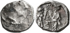SAMARIA. 'Middle Levantine' Series. Circa 375-333 BC. Obol (Silver, 8 mm, 0.73 g, 7 h), Jerobeam. Female head to right. Rev. Two male figures standing...