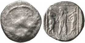 SAMARIA. 'Middle Levantine' Series. Circa 375-333 BC. Obol (Silver, 9 mm, 0.47 g, 5 h). Lion attacking animal to right. Rev. Bearded Persian hero or k...