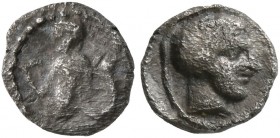 SAMARIA. 'Middle Levantine' Series. Circa 375-333 BC. Hemiobol (Silver, 7 mm, 0.25 g, 11 h). Male deity with fish tail to left, extending his right ar...
