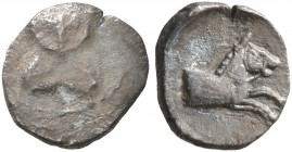 SAMARIA. 'Middle Levantine' Series. Circa 375-333 BC. Tetartemorion (Silver, 7 mm, 0.17 g, 11 h). Facing draped female bust. Rev. Forepart of a bridle...