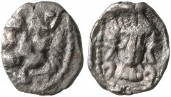 SAMARIA. 'Middle Levantine' Series. Circa 375-333 BC. Hemiobol (Silver, 8 mm, 0.28 g, 1 h). Facing head of a lion with protruding tongue. Rev. Female ...