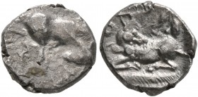 SAMARIA. 'Middle Levantine' Series. Circa 375-333 BC. Obol (Silver, 9 mm, 0.76 g, 12 h). Cow standing right, head reverted toward suckling calf. Rev. ...