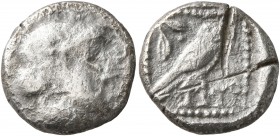 PHILISTIA (PALESTINE). Gaza. Mid 5th century-333 BC. Drachm (Silver, 14 mm, 3.68 g, 1 h). Laureate bearded male head to right. Rev. Falcon standing ri...
