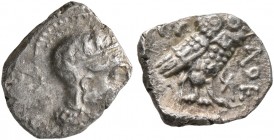 PHILISTIA (PALESTINE). Gaza. Mid 5th century-333 BC. Obol (Silver, 9 mm, 0.55 g, 2 h). Head of Athena to right, wearing crested Attic helmet decorated...