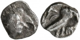 PHILISTIA (PALESTINE). Uncertain mint. Mid 5th century-333 BC. Hemiobol (Silver, 6 mm, 0.22 g, 4 h). Schematic head of Athena to right, wearing creste...