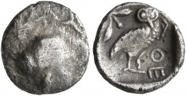 PHILISTIA (PALESTINE). Uncertain mint. Mid 5th century-333 BC. Obol (Silver, 9 mm, 0.49 g). Schematic head of Athena to right, wearing crested Attic h...