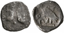 PHILISTIA (PALESTINE). Uncertain mint. Mid 5th century-333 BC. Obol (Silver, 9 mm, 0.66 g, 11 h). Bearded janiform male head. Rev. AΘE Owl standing le...
