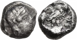 EDOM (IDUMAEA). 4th century BC. Drachm (Silver, 14 mm, 4.20 g, 10 h). Head of Athena to right, wearing crested Attic helmet, degraded to nearly plain ...