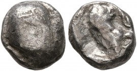 EDOM (IDUMAEA). 4th century BC. Obol (Silver, 8 mm, 0.84 g). Head of Athena to right, wearing crested Attic helmet, degraded to nearly plain bulge. Re...