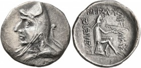 KINGS OF PARTHIA. Phriapatios to Mithradates I, circa 185-132 BC. Drachm (Silver, 20 mm, 3.48 g, 1 h), Hekatompylos. Draped bust to left, wearing bash...
