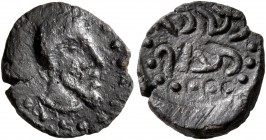 KINGS OF OSRHOENE (EDESSA). Ma'nu VIII Philoromaios, 167-179. AE (Bronze, 13 mm, 0.95 g, 2 h). Bearded and draped bust of Lucius Verus (?) to right. R...