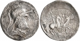 EARLY SKYTHIANS, Imitating Eukratides I of Baktria. Tetradrachm (Silver, 30 mm, 15.19 g, 1 h), late 2nd-early 1st century BC. Diademed and draped bust...