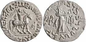 INDO-SKYTHIANS. Azes, circa 58-12 BC. Tetradrachm (Silver, 25 mm, 9.69 g, 6 h). ΒΑΣΙΛΕΩΣ ΒΑΣΙΛΕΩΝ ΜΕΓΑΛΟΥ / ΑΖΟΥ King on horseback to right, raising h...