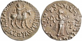 INDO-SKYTHIANS. Azes, circa 58-12 BC. Tetradrachm (Silver, 24 mm, 9.70 g, 8 h). ΒΑΣΙΛΕΩΣ ΒΑΣΙΛΕΩΝ ΜΕΓΑΛΟΥ / ΑΖΟΥ King on horseback to right, raising h...