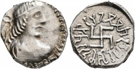 INDO-SKYTHIANS, Paratarajas. Hvaramira, circa 165-175. Drachm (Silver, 15 mm, 2.96 g). Diademed and draped bust of Hvaramira to right. Rev. Swastika. ...