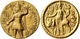 INDIA, Kushan Empire. Vasudeva I, circa 192-225. Dinar (Gold, 20 mm, 8.08 g, 12 h), maint mint in Baktria (Balkh?). Vasudeva I standing front, head to...