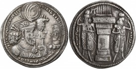 SASANIAN KINGS. Bahram II, with Queen and Prince 4, 276-293. Drachm (Silver, 27 mm, 4.35 g, 3 h), uncertain mint. MZDYSN BGY WRHR'N MRKAN MRKA 'YR'N W...
