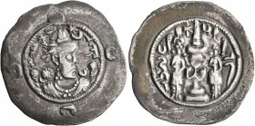 SASANIAN KINGS. Khosrau I, 531-579. Drachm (Silver, 31 mm, 3.75 g, 4 h), NY (Nemavand), RY 40 = AD 571/2. Draped bust of Khosrau I to right, wearing m...