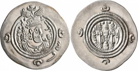 SASANIAN KINGS. Khosrau II, 591-628. Drachm (Silver, 32 mm, 4.17 g, 4 h), ŠY (Shiraz), RY 25 = AD 614/5. Draped bust of Khosrau II to right, wearing e...