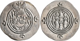 SASANIAN KINGS. Khosrau II, 591-628. Drachm (Silver, 31 mm, 4.15 g, 3 h), MY (Meshan), RY 27 = AD 616/7. Draped bust of Khosrau II to right, wearing e...