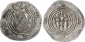 SASANIAN KINGS. Khosrau II, 591-628. Drachm (Silver, 35 mm, 4.16 g, 5 h), NY (Nemavand), RY 33 = AD 622/3. Draped bust of Khosrau II to right, wearing...