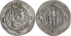SASANIAN KINGS. Khosrau II, 591-628. Drachm (Silver, 32 mm, 4.34 g, 4 h), ŠY (Shiraz), RY 35 = AD 624/5. Draped bust of Khosrau II to right, wearing e...