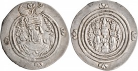 SASANIAN KINGS. Khosrau II, 591-628. Drachm (Silver, 29 mm, 3.00 g, 3 h), ŠY (Shiraz), RY 39 = AD 628. Draped bust of Khosrau II to right, wearing ela...