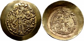 HUNNIC TRIBES, Kidarites. Uncertain king, late 4th-early 5th century. Dinar (Gold, 34 mm, 7.44 g), 'Bahram' series, a late example with blundered lege...