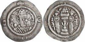 HUNNIC TRIBES, Hephthalites. Drachm (Silver, 32 mm, 3.44 g, 4 h), anonymous type, circa 484/8-560. Draped and bearded Sasanian style bust to right, we...