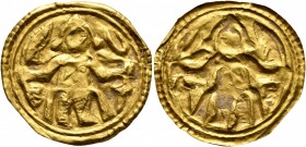 LOCAL ISSUES, Silk Road Region. Circa 5th-8th centuries. Bracteate (Gold, 24 mm, 0.71 g, 12 h). Draped and crowned figure seated facing on backless th...