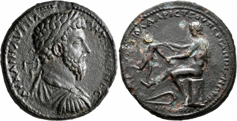 MYSIA. Pergamum. Marcus Aurelius, 161-180. Tetrassarion (Bronze, 34 mm, 23.20 g,...