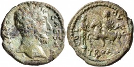 TROAS. Alexandria Troas. Commodus, 177-192. 'As' (Bronze, 23 mm, 6.87 g, 2 h). COMMOD[...] CAESAR Laureate head of Commodus to right. Rev. COL AVG / T...