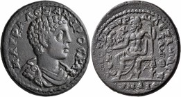 AEOLIS. Cyme. Severus Alexander, as Caesar, 222. Hexassarion (Bronze, 34 mm, 25.74 g, 7 h), M. Aur. Alexander, son of Eutychianos and strategos. Μ ΑYΡ...