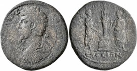 IONIA. Ephesus. Lucius Verus, 161-169. Medallion (Orichalcum, 36 mm, 26.74 g, 7 h). [AY KAI ΛO]YKIOΣ [AYP] OYH[POC] Laureate, draped, and cuirassed bu...