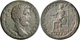 IONIA. Smyrna. Clodius Albinus, as Caesar, 193-195. Tetrassarion (Bronze, 30 mm, 16.00 g, 7 h), Cl. Aristophanes, strategos. KΛΩ[ΔΙΟC] AΛBЄINOC KAIC B...