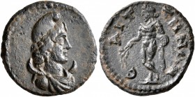 LYDIA. Saitta. Pseudo-autonomous issue. 1/3 Assarion (Bronze, 16 mm, 2.25 g, 6 h), early to mid 3rd century AD. Draped bust of Mên set on crescent to ...