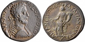 PHRYGIA. Aezanis. Commodus, 177-192. Tetrassarion (Bronze, 32 mm, 16.18 g, 8 h), Kl. Tatianos, first archon. AY•KAI•M•AΥPΗ•KOMOΔOC Laureate, draped an...