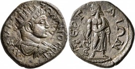 PAMPHYLIA. Perge. Elagabalus, 218-222. AE (Bronze, 25 mm, 10.00 g, 1 h). ΑΥ Κ Μ ΑΥΡ ΑΝΤΩΝΙΝΟC CЄΒ Radiate, draped and cuirassed bust of Elagabalus to ...