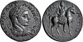 PAMPHYLIA. Sillyum. Caracalla, 198-217. Pentassarion (Bronze, 33 mm, 18.06 g, 7 h). ΑΥΤ•Κ•Μ•ΑΥ•ΑΝΤΩΝΙΝΟ•CЄB• Laureate, draped and cuirassed bust of Ca...