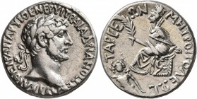 CILICIA. Tarsus. Hadrian, 117-138. Tridrachm (Silver, 24 mm, 9.57 g, 12 h). ΑΥΤ ΚΑΙ ΘΕ ΤΡA ΠΑΡ ΥΙ ΘΕ ΝΕΡ ΥΙ ΤΡΑI ΑΔΡΙΑΝΟϹ ϹE Laureate head of Hadrian ...