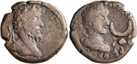MESOPOTAMIA. Carrhae. Septimius Severus, with Caracalla, 193-211. Assarion (Bronze, 18 mm, 4.54 g, 1 h). [C]ЄΠ[T CЄΥHΡOC] Laureate head of Septimius S...
