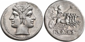 Anonymous, circa 225-214 BC. Quadrigatus - Didrachm (Silver, 24 mm, 6.70 g, 11 h), Rome. Laureate head of Janus. Rev. ROMA (incuse on raised tablet) J...