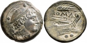 Anonymous, 214-212 BC. Sextans (Bronze, 25 mm, 14.58 g, 9 h), mint in Sicily. Head of Mercury to right, wearing winged petasus; above, two pellets. Re...