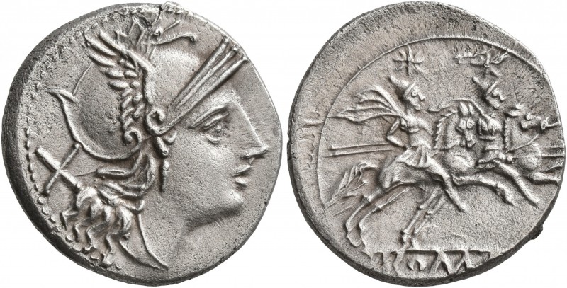 Anonymous, after 211 BC. Denarius (Silver, 20 mm, 4.61 g, 8 h), Rome. Head of Ro...