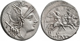 Anonymous, after 211 BC. Denarius (Silver, 20 mm, 4.61 g, 8 h), Rome. Head of Roma to right, wearing winged helmet; behind, X. Rev. The Dioscuri gallo...