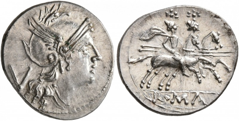 Anonymous, after 211 BC. Quinarius (Silver, 16 mm, 1.80 g, 5 h), Rome. Head of R...