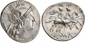 Anonymous, after 211 BC. Quinarius (Silver, 16 mm, 1.80 g, 5 h), Rome. Head of Roma to right, wearing winged helmet; behind, V. Rev. The Dioscuri gall...