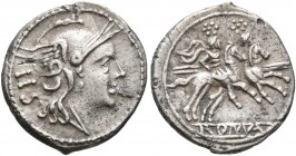 Anonymous, circa 211-208 BC. Sestertius (Silver, 12 mm, 1.06 g, 6 h), Rome. Head of Roma to right, wearing winged helmet; behind, IIS. Rev. ROMA The D...